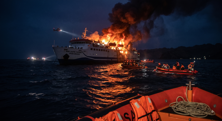 KMP Putri Yasmin Terbakar di Selat Lombok, Puluhan Penumpang Dievakuasi Dini Hari