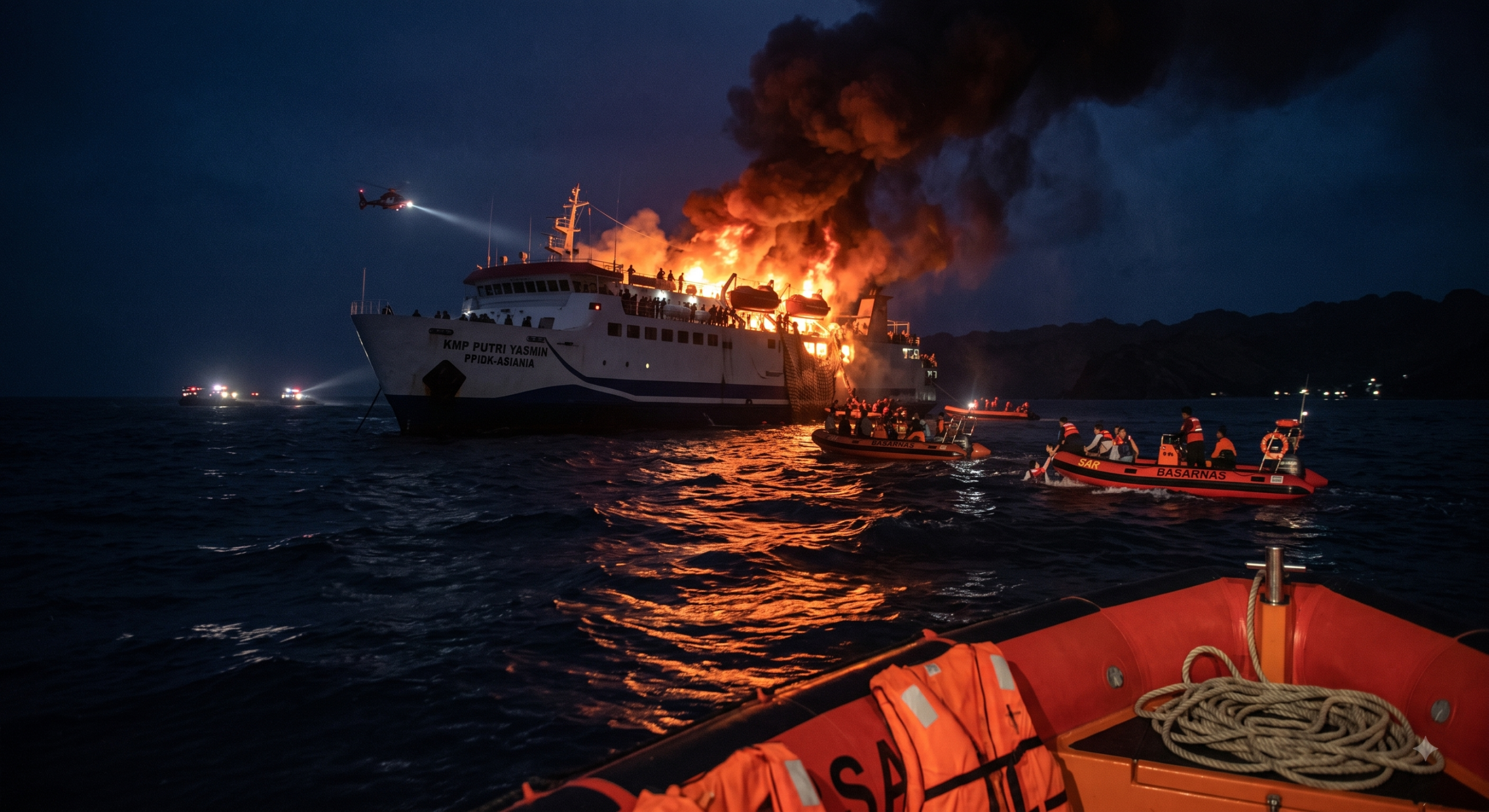 KMP Putri Yasmin Terbakar di Selat Lombok, Puluhan Penumpang Dievakuasi Dini Hari
